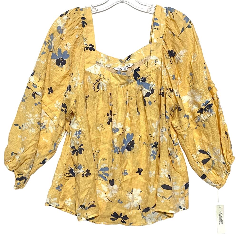 Zac & Rachel Yellow Blouse Top L Prairie Cottagecore Floral Peasant Boho Flowy - Picture 1 of 10